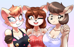 Size: 1280x821 | Tagged: safe, artist:alfa995, oc, oc only, oc:doe (alfa995), oc:jill (alfa995), oc:queen (alfa995), cat, deer, feline, kangaroo, mammal, marsupial, apron, big breasts, black nose, blue eyes, breasts, brown eyes, brown hair, cleavage, clothes, doe, ears, eyebrows, eyelashes, female, females only, glasses, hair, heart, heart eyes, looking at you, macropod, naked apron, nudity, one eye closed, open mouth, open smile, partial nudity, smiling, smiling at you, teeth, trio, trio female, wingding eyes