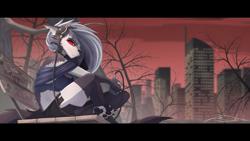 Size: 2560x1440 | Tagged: safe, artist:zachseligson, loona (vivzmind), canine, fictional species, hellhound, mammal, anthro, digitigrade anthro, hazbin hotel, helluva boss, 16:9, 2021, 2d, black border, black nose, black paw pads, border, bottomwear, bra, breasts, building, claws, clothes, collar, colored sclera, crop top, cropped shirt, ears, eyebrow piercing, eyebrows, eyelashes, eyeshadow, female, fingerless gloves, fluff, fur, gloves, gray body, gray fur, hair, hair over one eye, headphones, legwear, long hair, makeup, midriff, multicolored fur, outdoors, park, park bench, paw pads, paws, piercing, plant, red sclera, sitting, solo, solo female, spiked collar, tail, tail fluff, thigh highs, thighs, toeless legwear, topwear, torn clothes, torn ear, tree, underpaw, underwear, walkman, wallpaper, white body, white eyes, white fur, white hair