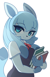 Size: 843x1300 | Tagged: safe, artist:pinkcappachino, eeveelution, fictional species, glaceon, mammal, anthro, nintendo, pokémon, 2021, black nose, blue body, blue eyes, blue fur, blue hair, blushing, book, clothes, cute, ears, eyebrows, eyelashes, female, fur, gloves (arm marking), hair, holding object, long hair, looking at you, necktie, shirt, smiling, smiling at you, solo, solo female, tail, topwear