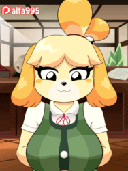 Size: 600x800 | Tagged: suggestive, artist:alfa995, isabelle (animal crossing), canine, dog, mammal, shih tzu, anthro, animal crossing, nintendo, 2019, 2d, 2d animation, animated, arm under breasts, black nose, blinking, bouncing breasts, breasts, clothes, digital art, ears, eyelashes, female, frame by frame, fur, gif, hair, looking at you, looking down, shirt, solo, solo female, thighs, topwear, wide hips