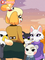 Size: 600x800 | Tagged: suggestive, alternate version, artist:alfa995, apollo (animal crossing), isabelle (animal crossing), marshal (animal crossing), punchy (animal crossing), whitney (animal crossing), bird, bird of prey, canine, cat, dog, eagle, feline, mammal, rodent, shih tzu, squirrel, wolf, anthro, animal crossing, nintendo, 2019, 2d, 2d animation, animated, beak, black nose, blinking, blushing, bottomwear, breasts, butt, clothes, covering, digital art, ears, eyelashes, eyes on the prize, female, fur, gif, group, looking back, male, motion tweening, open mouth, panties, pants, rear view, shirt, shocked, shortstack, skirt, skirt lift, sky, sparkly eyes, tongue, topwear, underwear, wind, wingding eyes