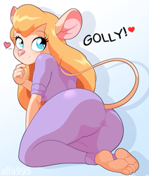 Size: 1087x1280 | Tagged: safe, alternate version, artist:alfa995, gadget hackwrench (chip 'n dale: rescue rangers), mammal, mouse, rodent, anthro, plantigrade anthro, chip 'n dale: rescue rangers, disney, 2020, barefoot, big butt, bottomwear, breasts, butt, clothes, dialogue, digital art, ears, eyelashes, feet, female, fur, heart, heart eyes, looking at you, looking back, looking back at you, pants, pink nose, pose, presenting, shirt, simple background, solo, solo female, talking, text, topwear, wingding eyes