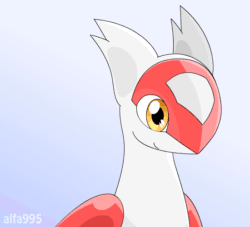 Size: 550x500 | Tagged: safe, artist:alfa995, fictional species, latias, legendary pokémon, feral, nintendo, pokémon, 2019, 2d, 2d animation, animated, blushing, claws, digital art, eyes closed, frame by frame, gif, kawaii, open mouth, shocked, simple background, text, tongue