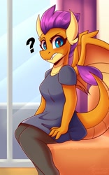 Size: 1250x2000 | Tagged: safe, artist:shadowreindeer, smolder (mlp), dragon, fictional species, anthro, friendship is magic, hasbro, my little pony, 2021, blue eyes, bottomwear, breasts, clothes, dragoness, eyebrows, eyelashes, fangs, female, fluff, hair, horns, looking at you, magenta hair, orange body, pants, question mark, scales, sharp teeth, shirt, solo, solo female, t-shirt, tail, tail fluff, teeth, topwear, two toned body, webbed wings, window, wings, yellow body, yellow scales