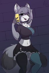 Size: 3406x5002 | Tagged: safe, artist:airfly-pony, oc, oc only, oc:riley, mammal, procyonid, raccoon, 2021, belly button, big breasts, black panties, black skirt, black underwear, bottomwear, breasts, cell phone, chest fluff, clothes, collar, ear fluff, ear piercing, fangs, female, fluff, fur, gray body, gray fur, gray hair, hair, multicolored fur, open mouth, pet tag, phone, piercing, sharp teeth, shirt, skirt, smartphone, striped tail, stripes, tail, tail fluff, teeth, topwear, two toned body, two toned fur, underwear, white body, white fur, yellow eyes