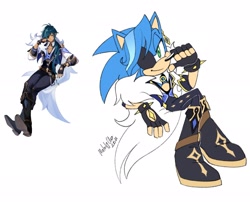 Size: 2037x1649 | Tagged: safe, artist:melodyclerenes, sonic the hedgehog (sonic), hedgehog, mammal, anthro, plantigrade anthro, genshin impact, sega, sonic the hedgehog (series), clothes, costume, crossover, kaeya (genshin impact), male, solo, solo male