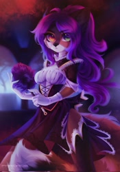 Size: 1432x2048 | Tagged: safe, artist:fardros, canine, fox, mammal, anthro, amber eyes, clothes, dress, feather duster, female, gloves, green eyes, heterochromia, legwear, looking at you, maid, questionable source, solo, solo female, thigh highs