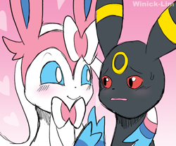 Size: 1063x881 | Tagged: safe, artist:winick-lim, eeveelution, fictional species, mammal, sylveon, umbreon, feral, nintendo, pokémon, 2019, black nose, blushing, digital art, duo, ears, female, fur, looking at each other, male, male/female, open mouth, paws, sitting, sweat, sweatdrop, tail, tongue, worried, yandere