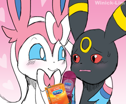 Size: 1063x881 | Tagged: suggestive, alternate version, artist:winick-lim, eeveelution, fictional species, mammal, sylveon, umbreon, feral, nintendo, pokémon, 2019, black nose, blushing, condom, digital art, duo, duo male and female, ears, female, fur, looking at each other, male, male/female, open mouth, paws, sitting, sweat, sweatdrop, tail, tongue, worried, yandere