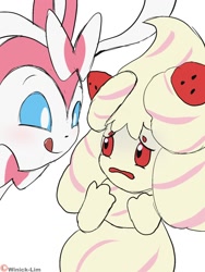 Size: 960x1280 | Tagged: safe, artist:winick-lim, alcremie, eeveelution, fictional species, mammal, sylveon, feral, nintendo, pokémon, 2019, black nose, digital art, duo, duo female, ears, female, females only, fur, implied food, licking, licking lips, looking at each other, open mouth, sitting, sweat, sweatdrop, tongue, tongue out, worried