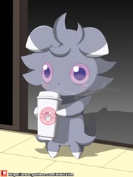 Size: 960x1280 | Tagged: safe, artist:winick-lim, eeveelution, espurr, fictional species, mammal, sylveon, feral, nintendo, pokémon, 2018, ambiguous gender, black nose, coffee, coffee cup, cute, digital art, drink, ears, fur, hair, solo, solo ambiguous, tail