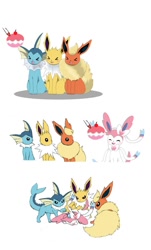 Size: 600x996 | Tagged: safe, artist:winick-lim, eeveelution, fictional species, flareon, jolteon, mammal, sylveon, vaporeon, feral, nintendo, nintendo ds, pokémon, 2016, ambiguous gender, angry, beat up, black nose, blushing, cake, digital art, ears, eyes closed, feeding, fluff, food, fur, hair, neck fluff, open mouth, paws, sitting, tail, tongue, unamused, worried