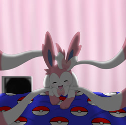 Size: 600x596 | Tagged: safe, artist:winick-lim, eeveelution, fictional species, mammal, sylveon, feral, nintendo, pokémon, 2016, bed, bedroom, black nose, digital art, ears, eyes closed, female, fur, indoors, morning, open mouth, paws, solo, solo female, tail, tongue