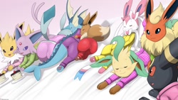 Size: 1280x720 | Tagged: safe, alternate version, artist:winick-lim, eevee, eeveelution, espeon, fictional species, flareon, glaceon, jolteon, leafeon, mammal, sylveon, umbreon, vaporeon, feral, nintendo, pokémon, 2020, bed, black nose, blushing, butt, cake, clothes, commission, digital art, ears, eyes closed, female, females only, floppy ears, fluff, food, fur, group, hair, looking at each other, lying down, lying on bed, neck fluff, on bed, open mouth, paws, raised tail, rear view, sleeping, tail, tongue