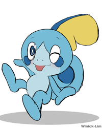 Size: 1024x1280 | Tagged: safe, artist:winick-lim, fictional species, sobble, nintendo, pokémon, 2019, blep, digital art, looking at you, male, on model, one eye closed, scales, simple background, solo, solo male, starter pokémon, tail, tongue, tongue out