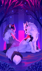 Size: 881x1500 | Tagged: safe, artist:hioshiru, artist:kejifox, collaboration, bird, canine, enfield, fictional species, fox, mammal, feral, abstract background, duo, eyes closed, female, fluff, male, paws, plant, sad, sitting, stars, tree