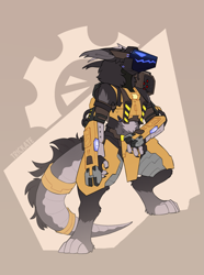 Size: 1983x2671 | Tagged: safe, artist:trickate, fictional species, mammal, protogen, 2021, abstract background, ambiguous gender, armor, black body, black fur, claws, digital art, ear fluff, fluff, fur, gray body, gray fur, paws, rocket launcher, smug, solo, solo ambiguous, tail, tail fluff, visor, weapon, wrench