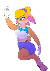 Size: 890x1280 | Tagged: safe, artist:jesterkatz, furbooru exclusive, lola bunny (looney tunes), anthro, looney tunes, space jam, warner brothers, blonde hair, blue eyes, bottomwear, clothes, digital art, female, gloves, hair, hair band, jumping, shirt, shorts, simple background, solo, solo female, topwear, transparent background