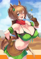 Size: 2721x3848 | Tagged: suggestive, artist:_black_factory, part of a set, animal humanoid, equine, fictional species, horse, mammal, humanoid, uma musume pretty derby, 5 fingers, armband, blushing, bottomwear, breasts, cactus, cleavage, clothes, cyan eyes, desert, female, gloves, gun, hand on hip, handgun, high res, huge breasts, long tail, looking at you, midriff, one eye closed, open mouth, revolver, skirt, solo, solo female, star, taiki shuttle (uma musume), tail, weapon