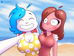 Size: 2229x1698 | Tagged: safe, artist:goobie, oc, oc:gracie bell, lagomorph, mammal, rabbit, agender, big breasts, breast squish, breasts, clothes, duo, embarrassed, female, flustered, grin, hug, huge breasts, nonbinary, one-piece swimsuit, squish, swimsuit