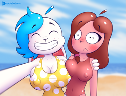 Size: 2229x1698 | Tagged: suggestive, artist:goobie, oc, oc:gracie bell, lagomorph, mammal, rabbit, agender, big breasts, breast squish, breasts, clothes, duo, embarrassed, female, flustered, grin, hug, huge breasts, nipple outline, nonbinary, one-piece swimsuit, squish, swimsuit