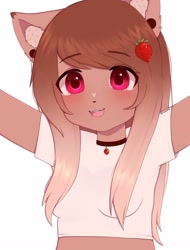 Size: 1900x2500 | Tagged: safe, artist:itsnekoamai, cat, feline, mammal, anthro, berry, blushing, brown body, brown fur, bust, collar, ear fluff, ear piercing, female, fluff, food, fruit, fur, gradient mane, hair accessory, looking at you, piercing, pink eyes, simple background, smiling, solo, solo female, strawberry, white background