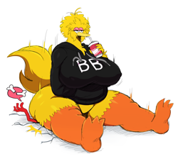Size: 2579x2312 | Tagged: suggestive, artist:ss2sonic, big bird (sesame street), elmo (sesame street), bird, canary, fictional species, monster, songbird, anthro, humanoid, plantigrade anthro, pbs, sesame street, anthrofied, beak, bottomless, breasts, broken bones, butt, clothes, crushing, drink, drinking, drinking straw, duo, duo male and female, fat, feathers, featureless crotch, feet, female, grin, hands in pockets, high res, hoodie, huge breasts, huge butt, larger female, lidded eyes, male, muppet, nipple outline, nudity, older, overweight, partial nudity, rule 63, simple background, sitting, size difference, smaller male, speech bubble, tail, tail feathers, text, text on clothing, text on topwear, topwear, unamused, underfoot, white background