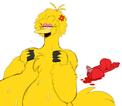 Size: 1538x1338 | Tagged: suggestive, artist:ss2sonic, big bird (sesame street), elmo (sesame street), bird, canary, fictional species, monster, songbird, anthro, humanoid, pbs, sesame street, annoyed, anthrofied, beak, beat up, blood, breasts, butt, chest fluff, cross-popping veins, duo, duo male and female, female, fluff, hot, huge breasts, hurt, lidded eyes, male, muppet, older, rule 63, semi-grimdark, simple background, sweat, white background
