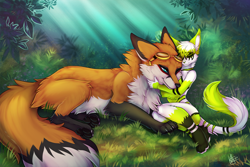 Size: 1000x667 | Tagged: safe, artist:ketty, oc, oc only, canine, cat, feline, fox, mammal, anthro, digitigrade anthro, feral, black body, black fur, blue eyes, duo, eyes closed, forest, fur, goggles, grass, green body, green fur, hug, one eye closed, orange body, orange fur, outdoors, paw pads, paws, signature, size difference, smiling, tail, underpaw, white body, white fur