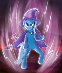 Size: 2130x2497 | Tagged: safe, artist:tenkaichi-jd, trixie (mlp), equine, fictional species, mammal, pony, unicorn, dragon ball (series), dragon ball z, friendship is magic, hasbro, my little pony, bipedal, cape, clothes, female, hat, high res, mare, solo, solo female