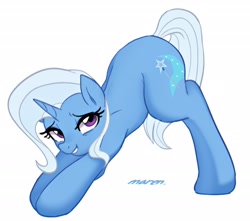 Size: 3032x2685 | Tagged: safe, artist:maren, trixie (mlp), equine, fictional species, mammal, pony, unicorn, feral, friendship is magic, hasbro, my little pony, cute, cutie mark, eyelashes, face down ass up, female, grin, high res, horn, jacko challenge, looking at you, mare, meme, signature, simple background, smiling, smiling at you, solo, solo female, tail, white background