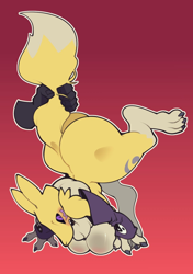 Size: 974x1386 | Tagged: suggestive, artist:submarine screw, fictional species, human, mammal, renamon, anthro, digimon, arm sleeves, big butt, black sclera, blushing, breasts, butt, claws, colored sclera, disembodied hand, featureless breasts, female, female focus, fluff, grabbing, gradient background, hanging breasts, holding, neck fluff, nudity, purple eyes, solo focus, tail, tail grab, tail hold, thick thighs, thighs, upside down