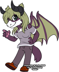 Size: 580x705 | Tagged: safe, artist:dustfinity, oc, oc only, oc:kristen hunter (lutnut215), demon, fictional species, hybrid, succubus, anthro, 2021, bottomwear, breasts, clothes, female, hand on waist, horns, looking at you, mentali, pants, shirt, shoes, simple background, smiling, solo, solo female, spread wings, tail, topwear, transparent background, wings