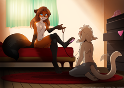 Size: 1691x1200 | Tagged: suggestive, artist:twokinds, keith (twokinds), laura (twokinds), basitin, fictional species, keidran, mammal, anthro, twokinds, 2017, bed, bedroom, belly button, blue eyes, breasts, brown hair, carpet, chest fluff, claws, complete nudity, digital art, dominant, dominant female, duo, duo male and female, featureless breasts, female, fluff, fur, gloves (arm marking), hair, indoors, kneeling, leash, male, male/female, multicolored fur, nudity, orange body, orange fur, partial nudity, paw pads, paws, sitting on bed, socks (leg marking), sweat, tail, tail fluff, topless, two toned body, two toned fur, white body, white fur, white hair, window