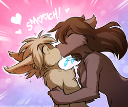 Size: 1200x1000 | Tagged: safe, artist:twokinds, keith (twokinds), natani (twokinds), basitin, fictional species, keidran, mammal, anthro, twokinds, breasts, brown body, brown fur, brown hair, digital art, duo, duo male and female, ears laid back, eyes closed, female, fur, hair, heart, kissing, male, male/female, outline, tan body, tan fur, tan hair, white outline, yellow eyes