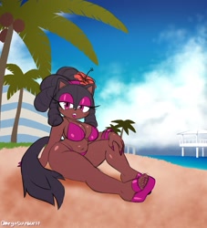 Size: 1500x1650 | Tagged: safe, artist:omegasunburst, oc, oc only, cat, feline, mammal, anthro, plantigrade anthro, 2021, beach, belly button, big breasts, bikini, black hair, breasts, brown body, brown fur, clothes, feet, female, flower, flower in hair, footwear, fur, hair, hair accessory, looking at you, outdoors, pink eyes, plant, sitting, solo, solo female, swimsuit, thick thighs, thighs