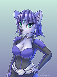 Size: 1228x1640 | Tagged: safe, artist:dandy, krystal (star fox), canine, fox, mammal, anthro, nintendo, star fox, 2021, black nose, blue body, blue fur, blue hair, breasts, chest fluff, choker, cleavage, clothes, cyan eyes, digital art, ear fluff, ears, eyebrows, eyelashes, female, fluff, fur, hair, hair accessory, hand on hip, looking at you, multicolored fur, simple background, smiling, smiling at you, solo, solo female, spacesuit, suit, tail, thighs, two toned body, two toned fur, vixen, white body, white fur, wide hips