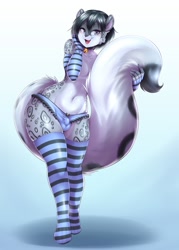 Size: 950x1324 | Tagged: suggestive, artist:mleonheart, oc, oc only, big cat, feline, hybrid, leopard, mammal, rodent, squirrel, anthro, digitigrade anthro, 2019, bulge, clothes, commission, crossdressing, digital art, femboy, fur, gloves, hair, legwear, long gloves, looking at you, male, open mouth, panties, simple background, solo, solo male, stockings, tail, thighs, tongue, underwear