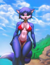 Size: 923x1200 | Tagged: safe, artist:aozee, krystal (star fox), canine, fox, mammal, anthro, nintendo, star fox, 2021, belly button, bikini, black nose, blue body, blue fur, blue hair, body markings, breasts, cleavage, clothes, ears, eyebrows, eyelashes, female, fur, green eyes, hair, looking at you, multicolored fur, outdoors, red bikini, red swimsuit, solo, solo female, swimsuit, tail, thighs, tribal markings, two toned body, two toned fur, vixen, white body, white fur
