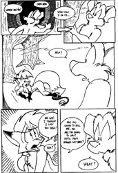 Size: 682x1000 | Tagged: suggestive, artist:eric w schwartz, part of a set, oc, oc:tammy vixen, oc:tor dog, canine, dog, fox, mammal, semi-anthro, series:unlikely couple, black and white, breasts, chest fluff, comic, english text, featureless breasts, female, fluff, fur, gloves (arm marking), grayscale, hair, lying down, male, monochrome, outdoors, plant, simple background, socks (leg marking), speech bubble, text, trapped, tree, vixen, white background