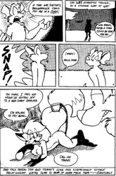 Size: 661x1000 | Tagged: suggestive, artist:eric w schwartz, part of a set, oc, oc:tammy vixen, oc:tor dog, canine, dog, fox, mammal, semi-anthro, series:unlikely couple, arm support, black and white, breasts, chest fluff, comic, duo, english text, featureless breasts, female, fluff, fur, gloves (arm marking), grayscale, hair, leaning on elbow, male, monochrome, outdoors, reclining, simple background, socks (leg marking), speech bubble, text, trap (device), vixen, white background