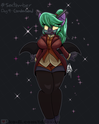 Size: 2000x2500 | Tagged: suggestive, artist:tdfoxoo, bat, mammal, anthro, bat wings, big breasts, bottomwear, breasts, clothes, coat, confused, cute, fangs, female, gender transformation, hair, high res, jacket, legwear, long hair, ponytail, retro, rule 63, sextember, sharp teeth, shirt, shorts, solo, solo female, steampunk, stockings, suit, surprised, teeth, thick, topwear, vest, webbed wings, wings