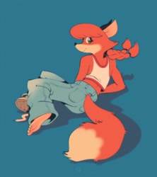 Size: 2396x2695 | Tagged: safe, artist:fox-popvli, oc, oc only, oc:patty (fox-popvli), canine, fox, mammal, red fox, anthro, barefoot, blue background, bottomwear, clothes, cream body, cream fur, crop top, ears, feet, female, fur, green eyes, hair, high res, looking at you, looking back, looking back at you, pants, pigtails, red body, red fur, red hair, shoes, simple background, smiling, smiling at you, soles, solo, solo female, tail, toes, topwear, vixen