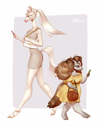 Size: 3045x3866 | Tagged: safe, artist:holivi, equine, horse, mammal, anthro, duo, female, high res, hooves, iphone, purse, short, tall, walking