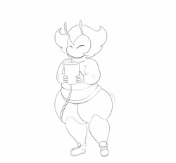 Size: 4071x3782 | Tagged: suggestive, artist:kantuspaints, oc, oc only, oc:karri, arthropod, bee, insect, anthro, comic:karri weight gain, 2020, 4 fingers, antennae, big belly, black and white, clothes, comic, cup, drinking, drinking straw, eyes closed, fat, fat fetish, female, grayscale, high res, hose, huge thighs, line art, monochrome, no mouth, overweight, shirt, shoes, solo, solo female, topwear, weight gain, wide hips