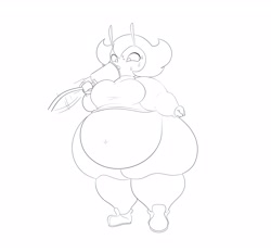 Size: 4071x3782 | Tagged: suggestive, artist:kantuspaints, oc, oc only, oc:karri, arthropod, bee, insect, anthro, comic:karri weight gain, 2020, antennae, belly button, big breasts, black and white, breasts, clothes, comic, cup, drinking, drinking straw, fat, fat fetish, female, fist, grayscale, high res, hose, huge belly, hyper, hyper hips, hyper thighs, line art, monochrome, morbidly obese, no mouth, obese, panicking, shirt, shoes, solo, solo female, sweat, topwear, weight gain