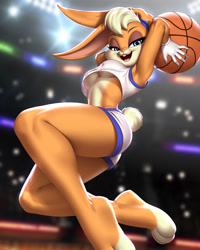 Size: 1024x1280 | Tagged: safe, artist:pak009, lola bunny (looney tunes), lagomorph, mammal, rabbit, anthro, digitigrade anthro, looney tunes, space jam, warner brothers, 2021, 3 toes, ball, basketball, basketball uniform, bedroom eyes, blonde hair, blue eyes, bottomwear, braless, breasts, buckteeth, clothes, cream body, cream fur, crop top, digital art, ears, eyebrows, eyelashes, female, fluff, fur, gloves, hair, jumping, long ears, looking at you, multicolored fur, open mouth, open smile, paws, pink nose, short tail, shorts, smiling, smiling at you, solo, solo female, sports bra, sports shorts, tail, tail fluff, teeth, thighs, tongue, topwear, two toned body, two toned fur, underboob