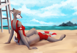 Size: 3000x2069 | Tagged: safe, artist:syncbanned, cervid, deer, mammal, anthro, beach, clothes, commission, digital art, ears, female, fur, high res, hooves, lifeguard, lying down, ocean, outdoors, solo, solo female, swimsuit, tail, water, ych result