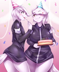 Size: 930x1129 | Tagged: safe, artist:mleonheart, oc, oc only, oc:alfa (alfa995), oc:sona (alfa995), bird, anthro, 2018, beak, birthday cake, breasts, butt, cake, commission, digital art, duo, eyelashes, female, food, fur, hair, looking at each other, male, one eye closed, oversized clothes, party hat, rear view, rule 63, self paradox, tail, thighs, white body, white fur, white hair