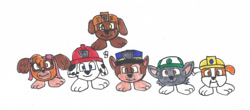 Size: 1280x561 | Tagged: safe, artist:spaton37, chase (paw patrol), marshall (paw patrol), rocky (paw patrol), rubble (paw patrol), skye (paw patrol), zuma (paw patrol), bulldog, canine, dalmatian, dog, fictional species, german shepherd, goomba (mario), labrador, mammal, monster, feral, semi-anthro, mario (series), nickelodeon, paw patrol, clothes, crossover, ears, female, goombafied, hat, male, traditional art
